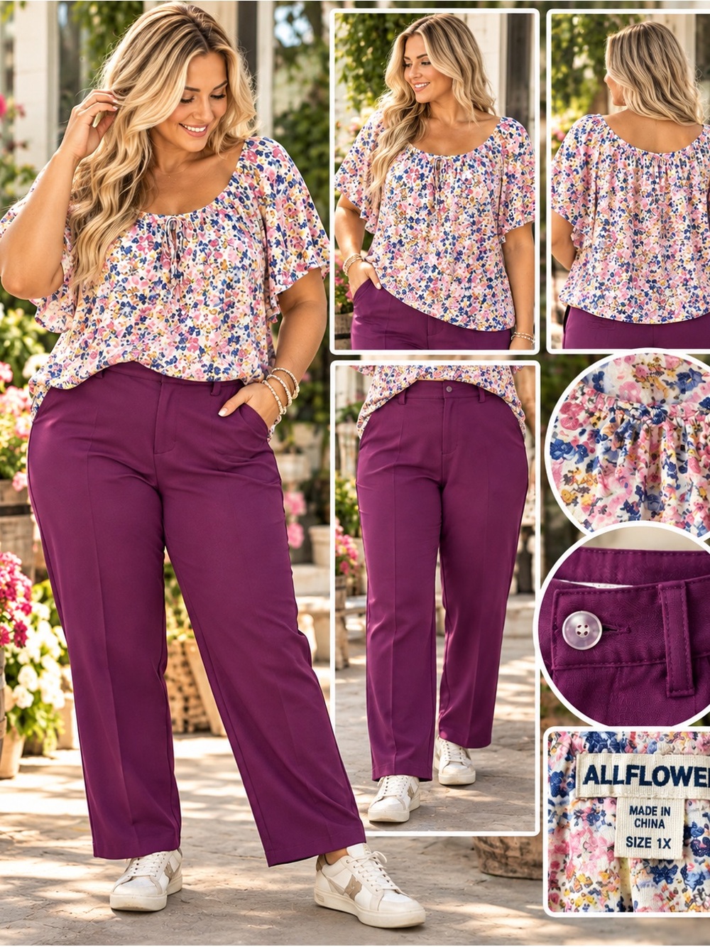 NWT-Plus-Size bundle Magenta Straight-Leg Pants - Floral Top